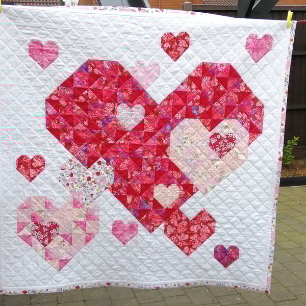 Handmade Patchwork Heart Quilt - Red, Pink Hearts on White 130 cm square 51"