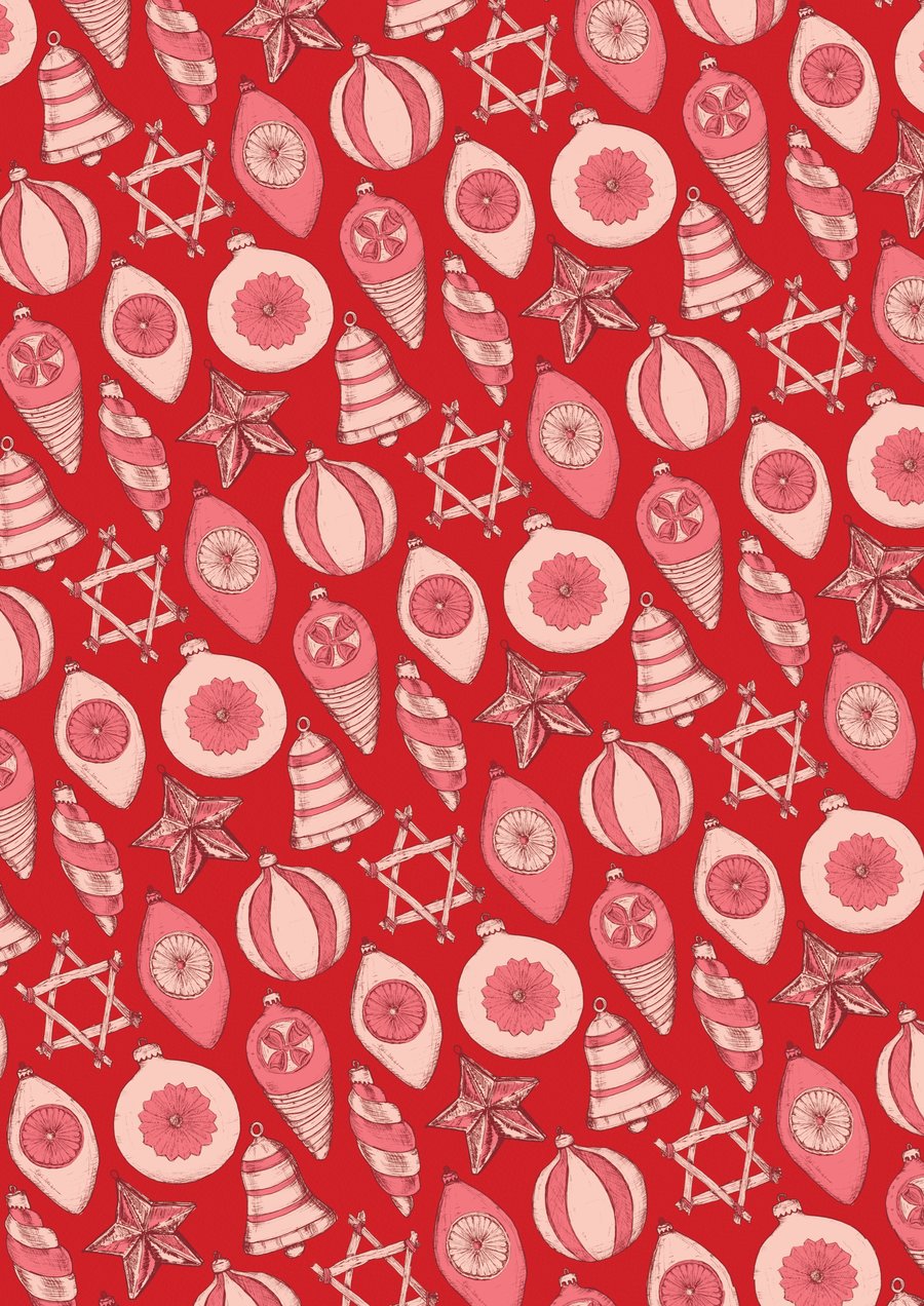 Luxury Eco Christmas Gift Wrapping Set: Vintage Baubles in Red & Pink