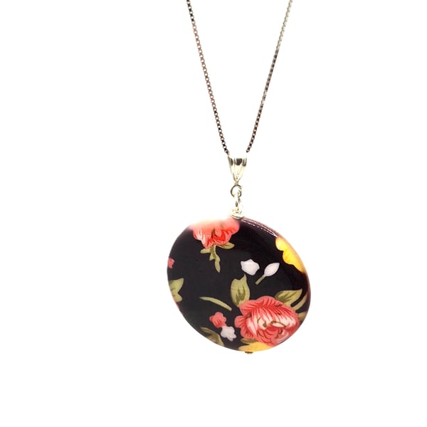 Painted shell coin style pendant necklace with 18 inch sterling silver chain