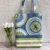 Tote bag with circle pattern and stripes in blue, green and white