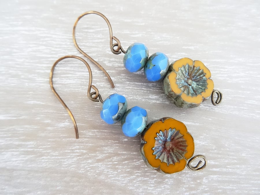 Czech Glass Earrings, Mustard Earrings, Flower Earrings, Cornflower Blue Earring