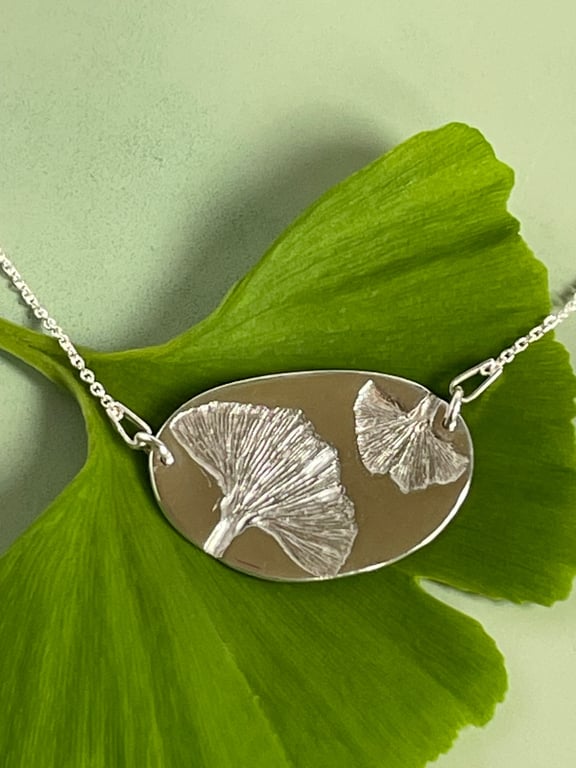 Silver Necklace with Double Ginkgo Leaf Impression 