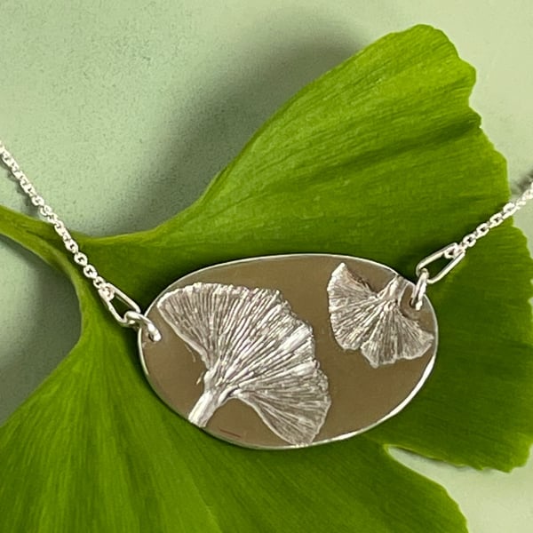 Silver Necklace with Double Ginkgo Leaf Impression 
