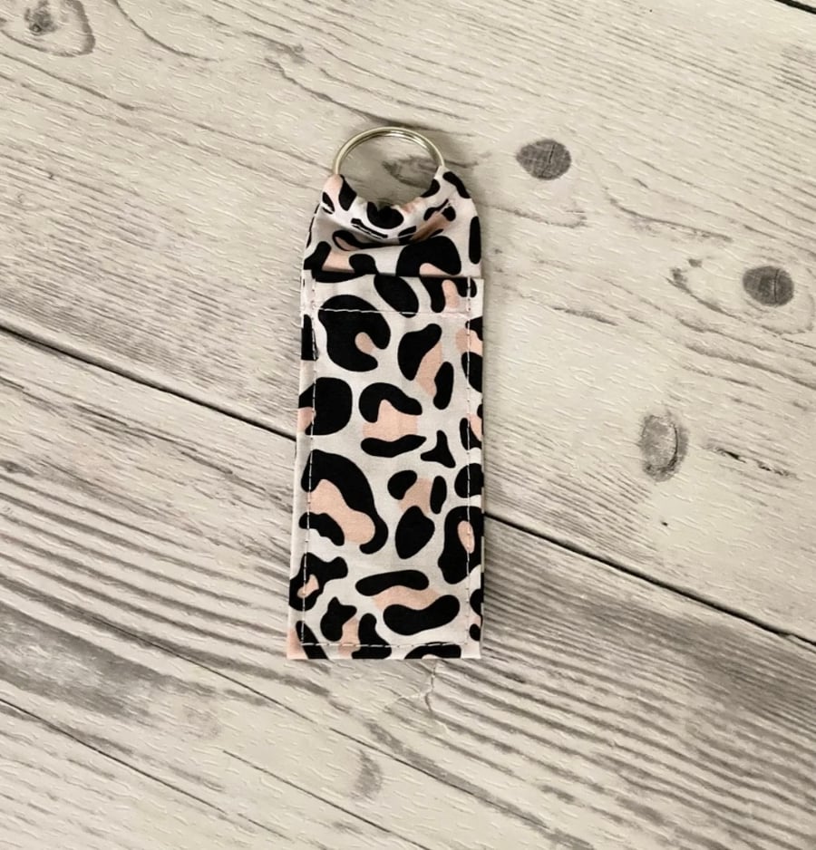Pink Leopard Print Cotton Fabric Lip Balm Holder Keychain: Lipstick Storage