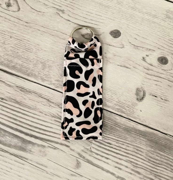 Pink Leopard Print Cotton Fabric Lip Balm Holder Keychain: Lipstick Storage