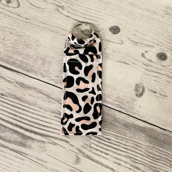 Pink Leopard Print Cotton Fabric Lip Balm Holder Keychain: Lipstick Storage