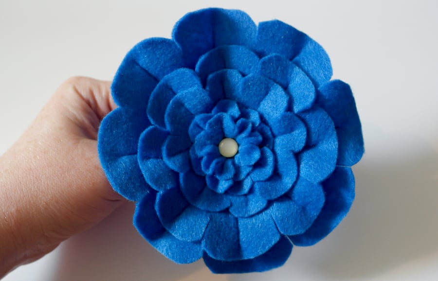 Felt Brooch - Handmade Blue Flower Brooch - Hand Sewn - Flower Brooch