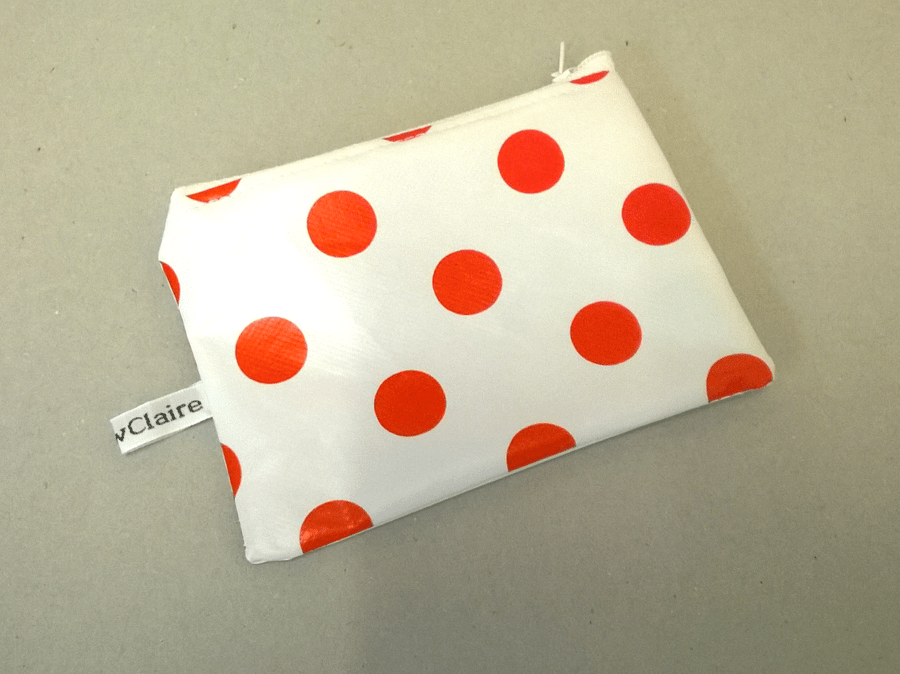 Ladies coin purse, White with red spots, made with pvc vinyl, wipe clean