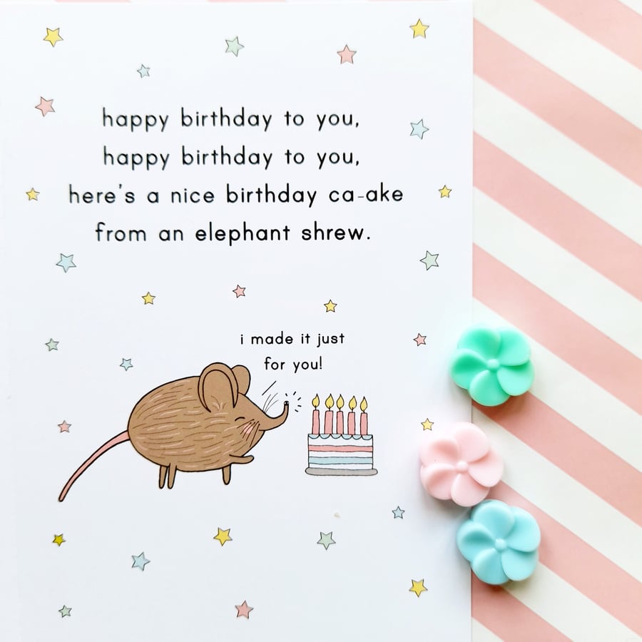 elephant shrew A6 birthday greetings card, funny birthday card, birthday poem