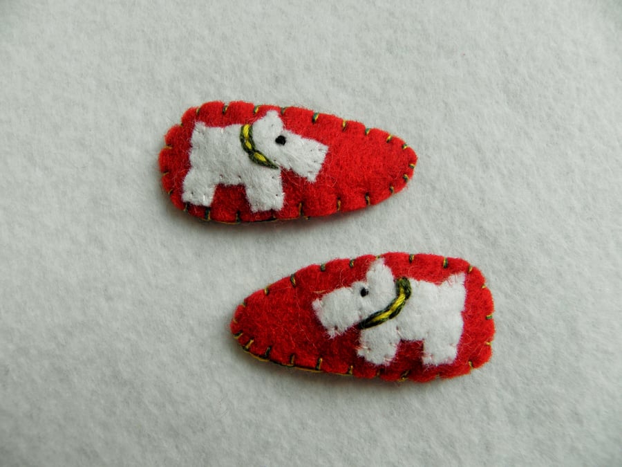 Pair of West Highland Terrier Scottie Dog Felt Child Hair Clips for dog lovers