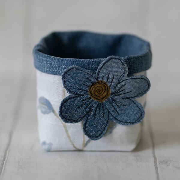 Hydrangea Fabric Storage Tub with Denim Flower