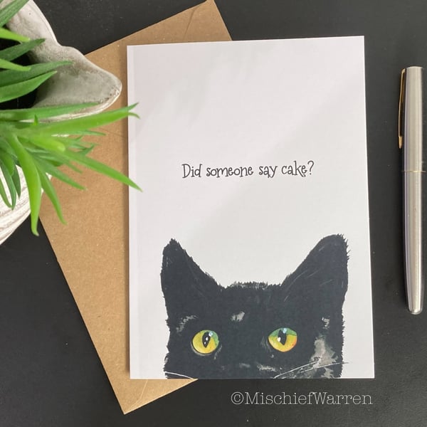 Black Cat Art Card. Blank or personalised for any occasion.