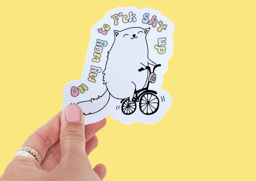 Waterproof Funny Adult Sticker Cat on a bike Sticker "On my way to Fck Sht Up"