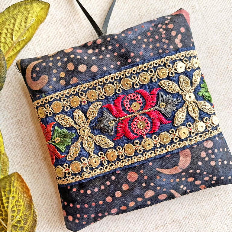 A pretty batik lavender bag with embroidered trim, scented gift, 