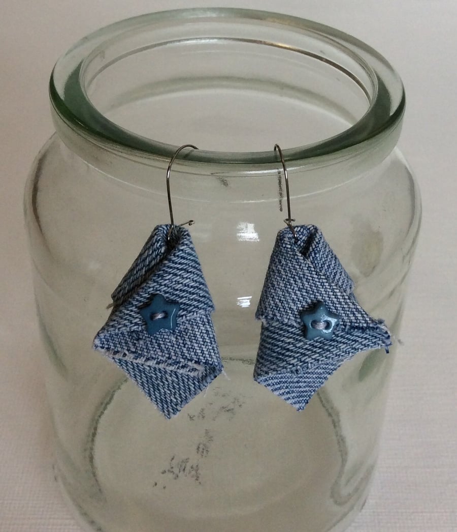 Folded, denim earrings on surgical steel ear wires, tiny star button detail
