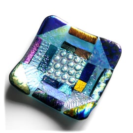 Patchwork Dichroic Treasure Fused Glass Trinket Dish 007 8cm 