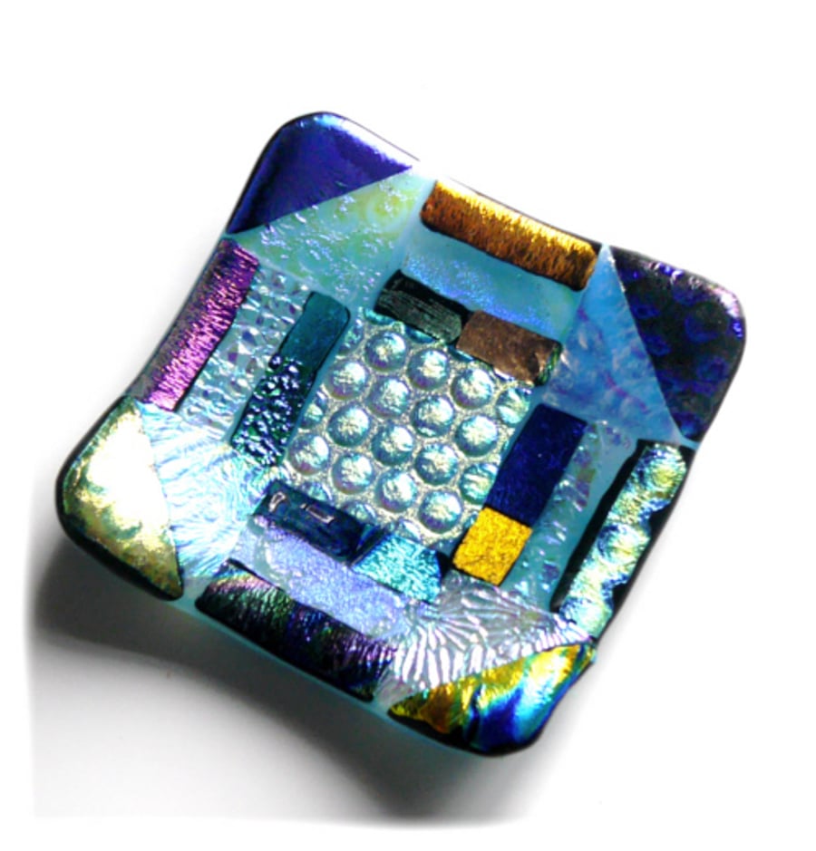 Patchwork Dichroic Treasure Fused Glass Trinket Dish 007 8cm 