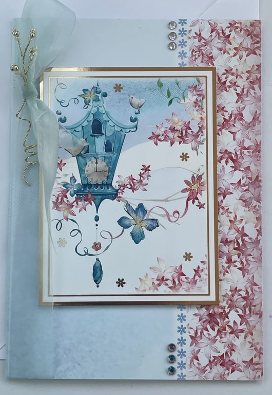 Birdhouse clock floral just for you card