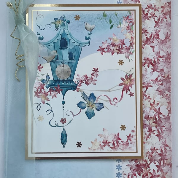 Birdhouse clock floral just for you card