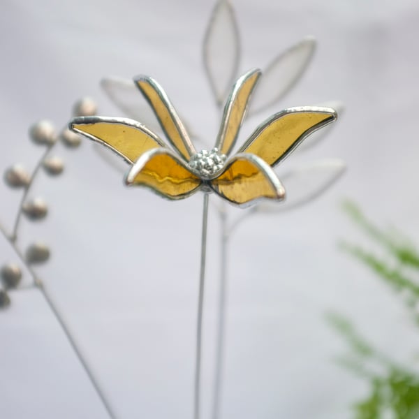 Stained Glass Flower - Handmade 3D Yellow Clematis - Silver Finish