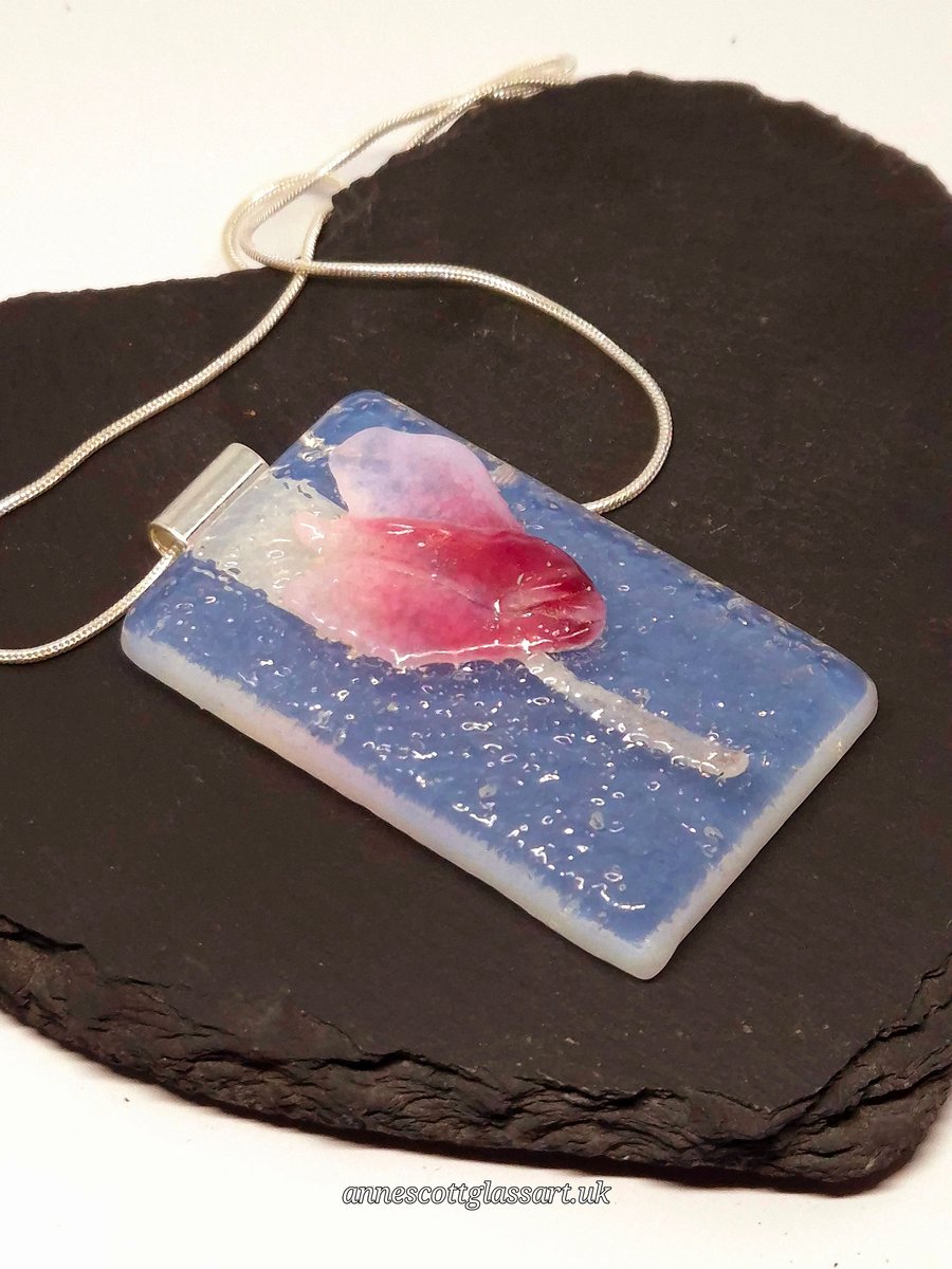 Handmade Fused Glass Botanical Pendant Necklace Cyclamen (B)