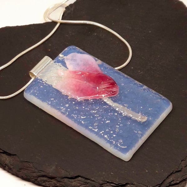 Handmade Fused Glass Botanical Pendant Necklace Cyclamen (B)