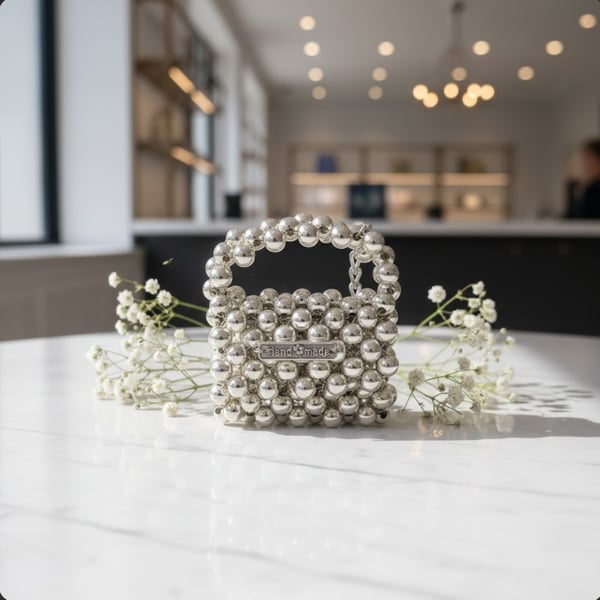 Handmade Beaded Mini Bag Keychain-Silver Shine