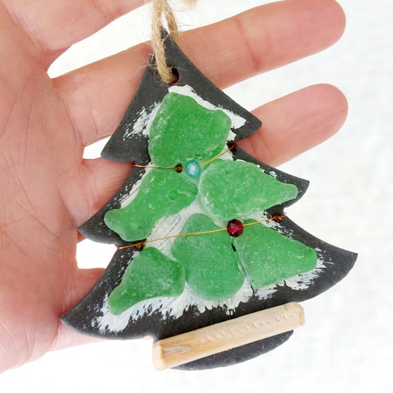 Sea Glass Christmas Tree Ornament, Handmade Slate Decoration