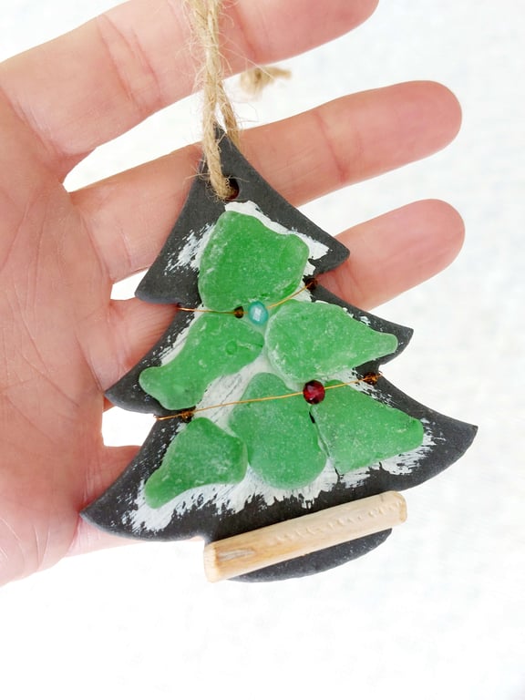 Sea Glass Christmas Tree Ornament, Handmade Slate Hanging Decoration