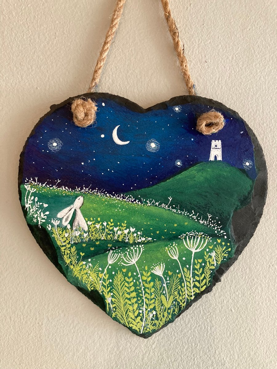 Large Hand Painted Slate Heart Hanging Decoration White Hare Glastonbury Tor