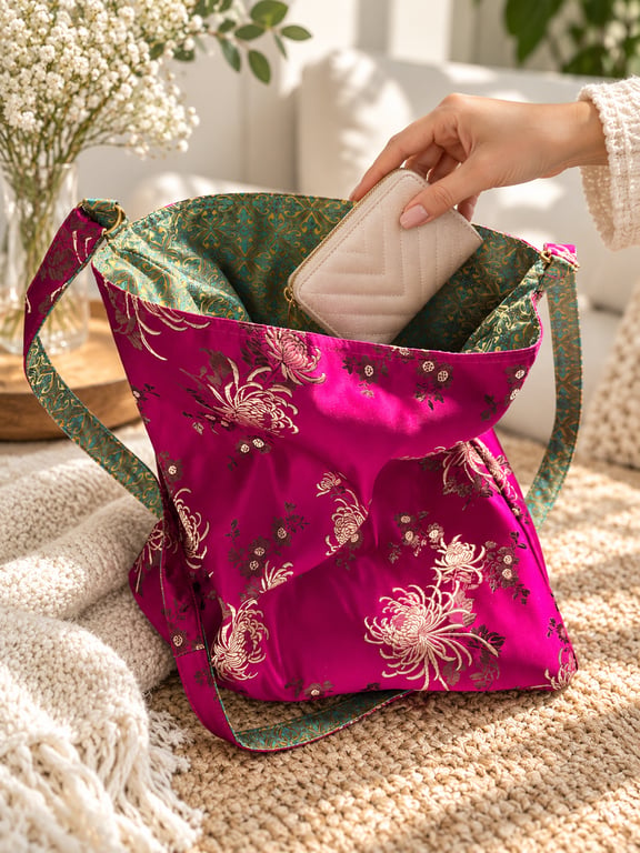 Luxury Reversible Brocade Bag – 34x34 cm - Handmade Two-Sided Shoulder Tote Bag 