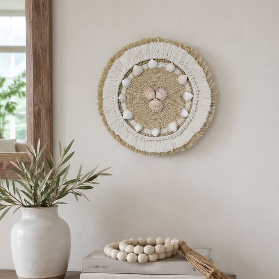 Handmade Natural Fibre & Shell Boho Coastal Circular Wall Hanging or Shelf Decor