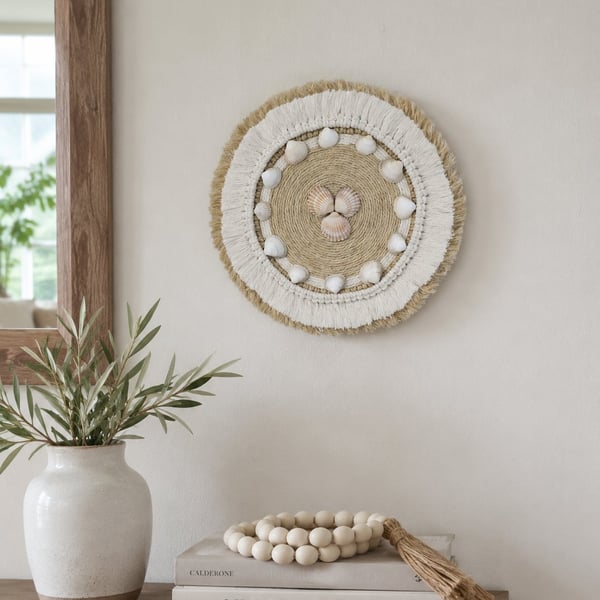 Handmade Natural Fibre & Shell Boho Coastal Circular Wall Hanging or Shelf Decor