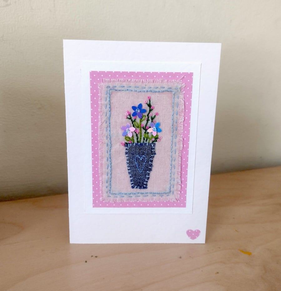 Vase of Sequin Flowers Card -  Fabric - Embroidery - Blank Card - Birthday Card