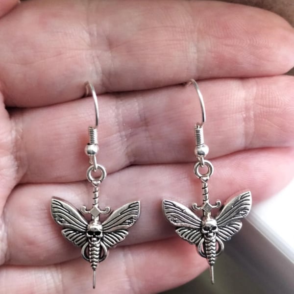 Tibetan Silver Moth Skeleton Sword Charm dangle Earrings