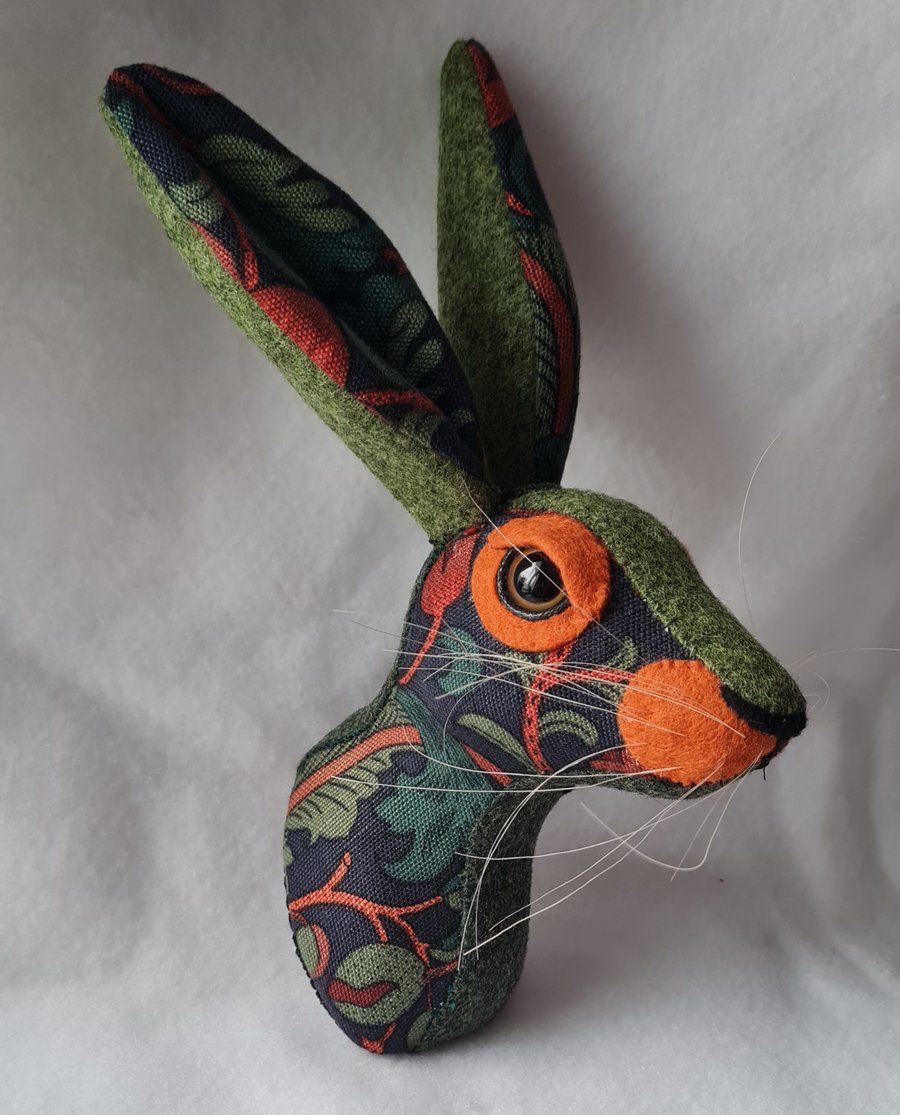 Faux hare head wall mount in William Morris fabric
