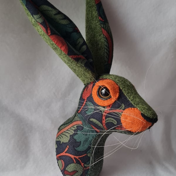 Faux hare head wall mount in William Morris fabric