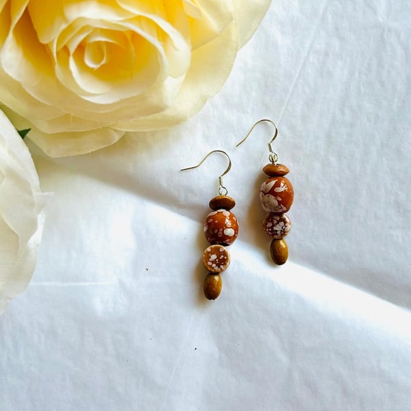 Ceramic drop earrings - painted ceramic and wooden beads on silver plated wire
