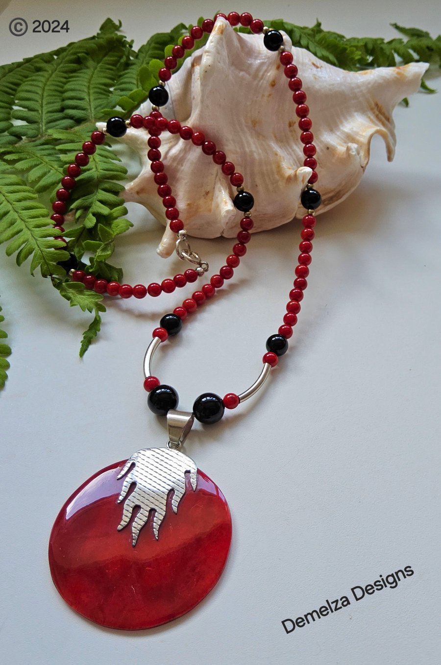 Designer Eco Red Coral & Black Onyx Sterling Silver  Necklace