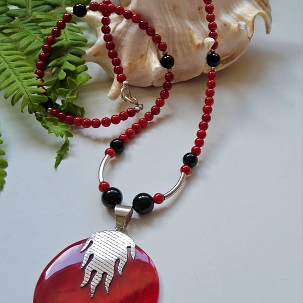 Designer Eco Red Coral & Black Onyx Sterling Silver  Necklace