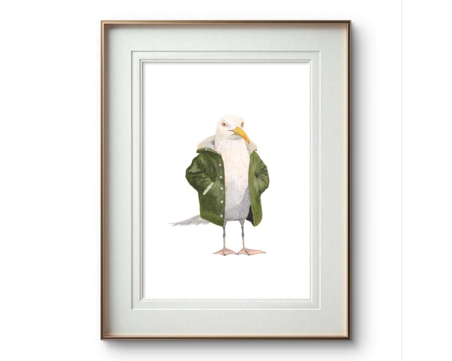 Seagull Print - Funny Seagull Wearing Coat - Keeping warm