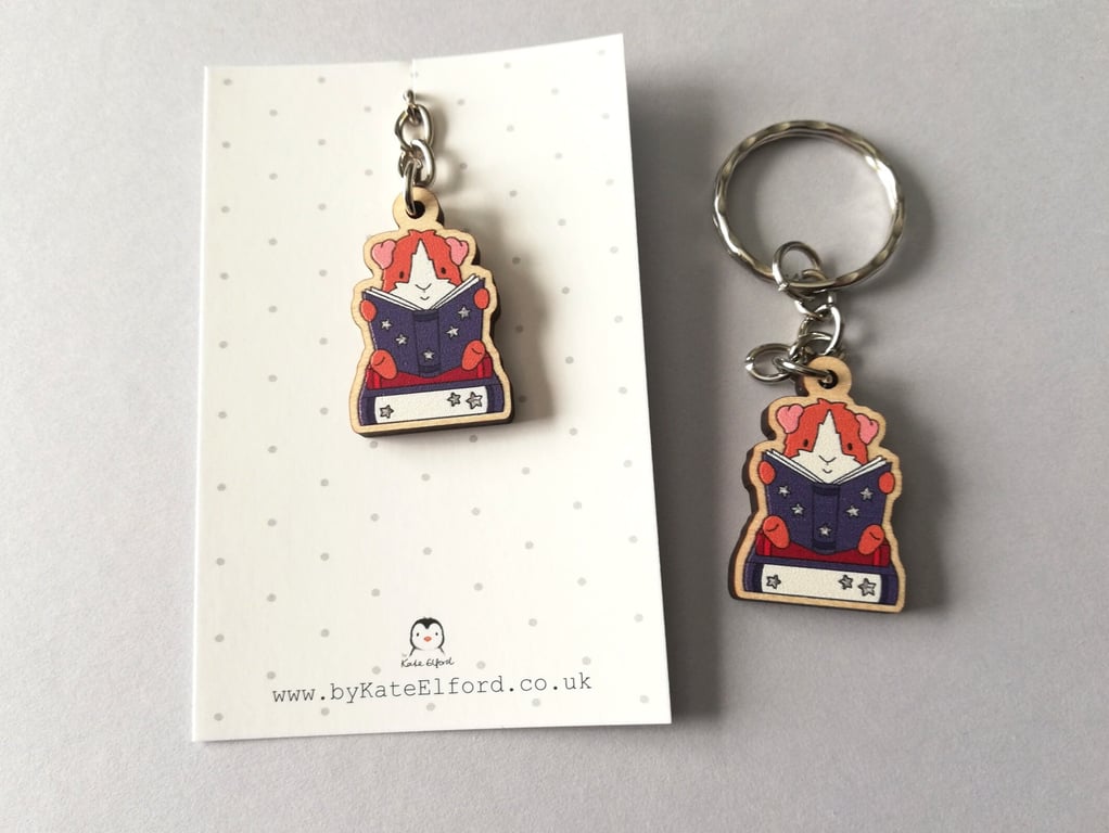 Guinea Pig Reading A Book Wooden Mini Keyring