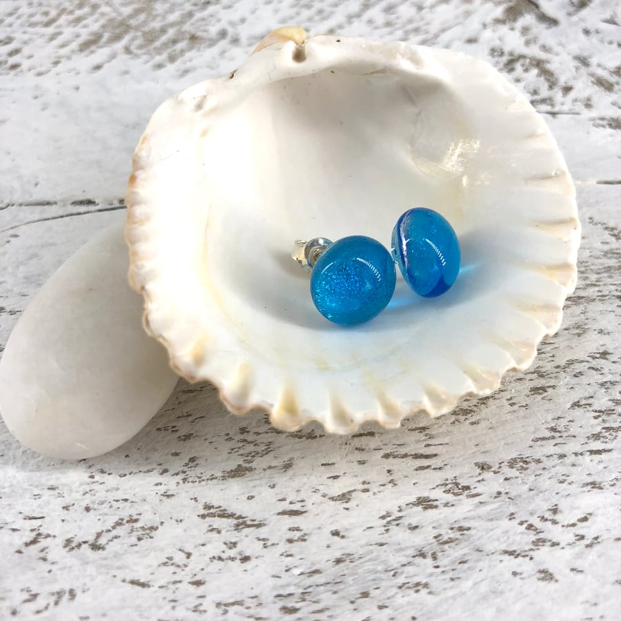 Bright Turquoise Glass and Silver Stud Earrings