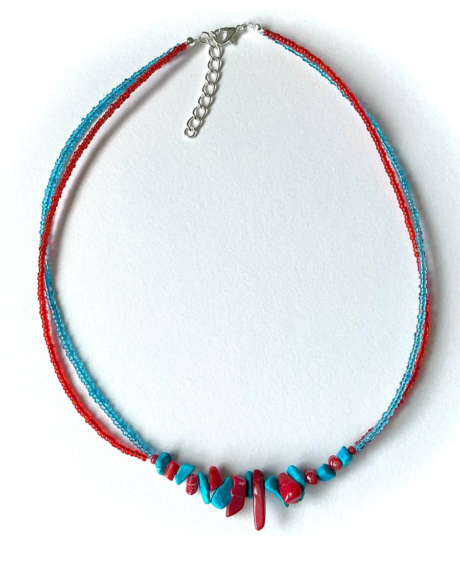 Red Coral and Blue Howlite Beaded Necklace