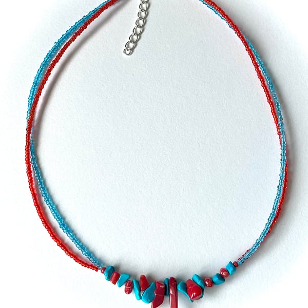 Red Coral and Blue Howlite Beaded Necklace