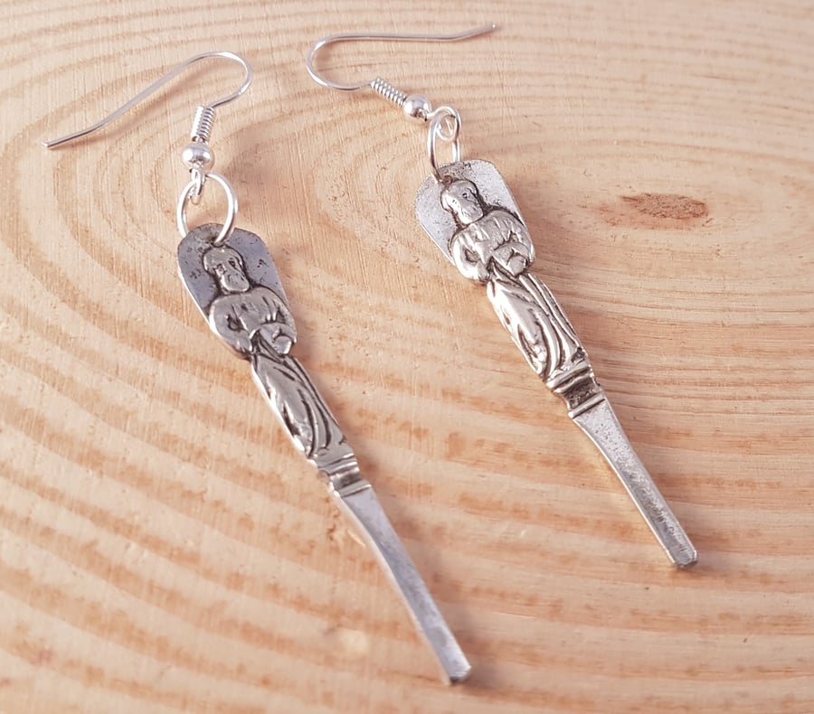 Upcycled Silver Plated Apostle Sugar Tong Handle Drop Dangle Earrings SPE041710
