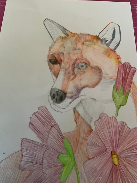 A4 print of a fox surrounded by flowers