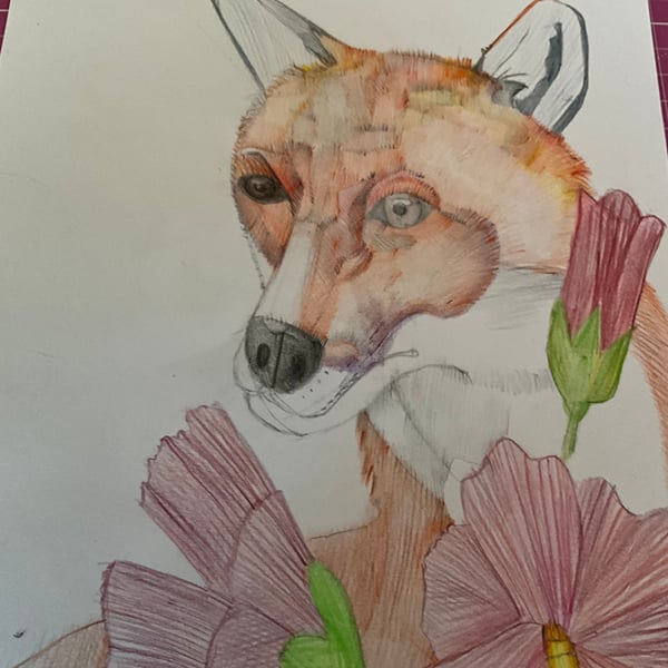 A4 print of a fox surrounded by flowers