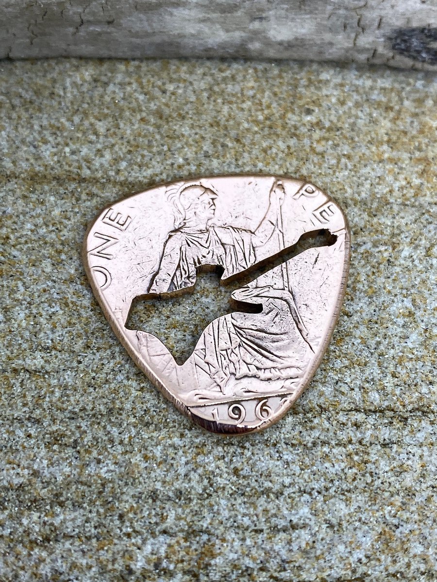 Guitar Silhouette working plectrum , Hand Cut Into vintage old pre decimal penny