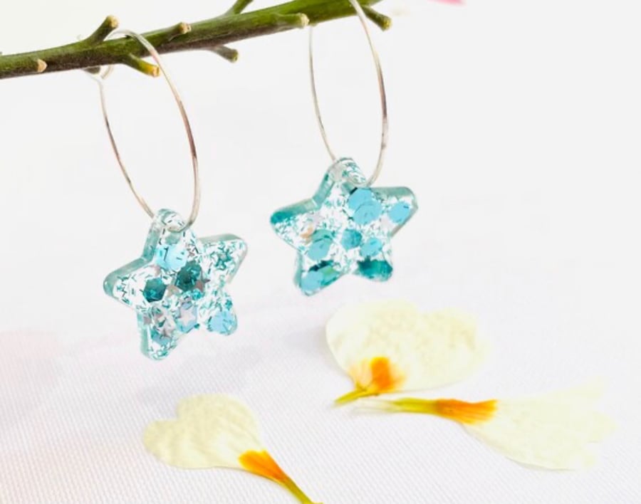 Silver hoop earrings with charm, resin star hoops, funky hoop earrings